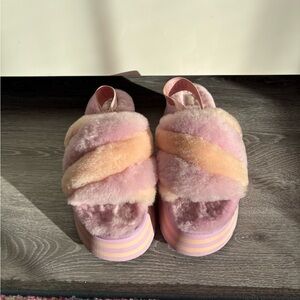 UGG Pink and Peach Fluffy Slippera Slides